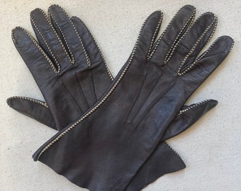Vintage 40s 50s Brown LEATHER GLOVES + Beige TOPSTITCH / Driving Gloves / Beautiful