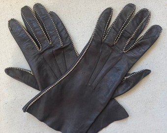 Beautiful 40s 50s Brown LEATHER GLOVES + Beige TOPSTITCH