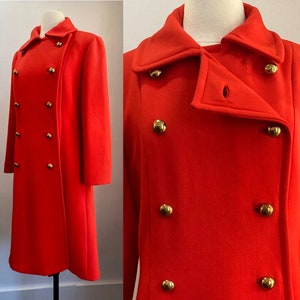 Vintage 60s DRESS COAT / Wool / MOD Military Double Breasted Peacoat / Saturated Orange Red Color + Brass Buttons /Hidden Pockets