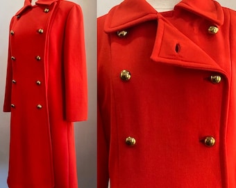 Vintage 60er Jahre KLEID / Wolle / MOD Militär Zweireiher Peacoat / Gesättigt Orange Rot + Messingknöpfe / Versteckte Taschen