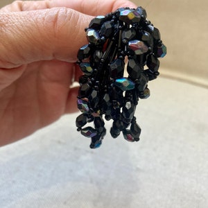 Vintage BLACK BEAD Statement Chandelier Earrings / Waterfall Dangle Drop / Multi Strands of Beads / Clip On image 3