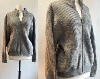 Vintage 80s Cardigan Sweater / LL Bean / Ribbed + Zip Front + Pockets + Mock Neck / Made in USA