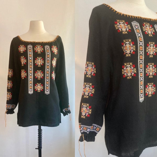 Cool 70's Vintage Mexican HAND EMBROIDERED Tunic Top / Wide Neckline + Long Sleeves / Blanket Needlepoint Cross Stitch / L