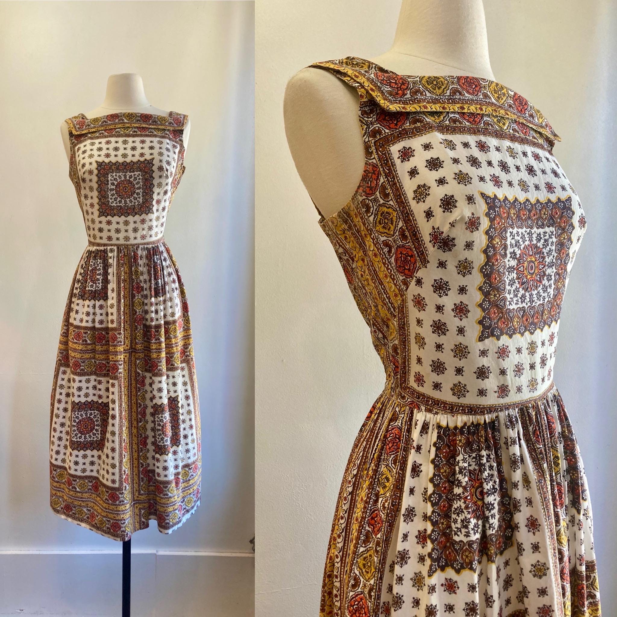 Vintage 50s Sundress / Cotton Summer Dress / Square Neckline + Fitted Bodice + Full Skirt + Side Metal Zip / Earthtone Boho  Bandana Print 