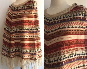 Vintage 70’s FAIR ISLE PONCHO / Wooden Buttons + Fringe Detail / Collage