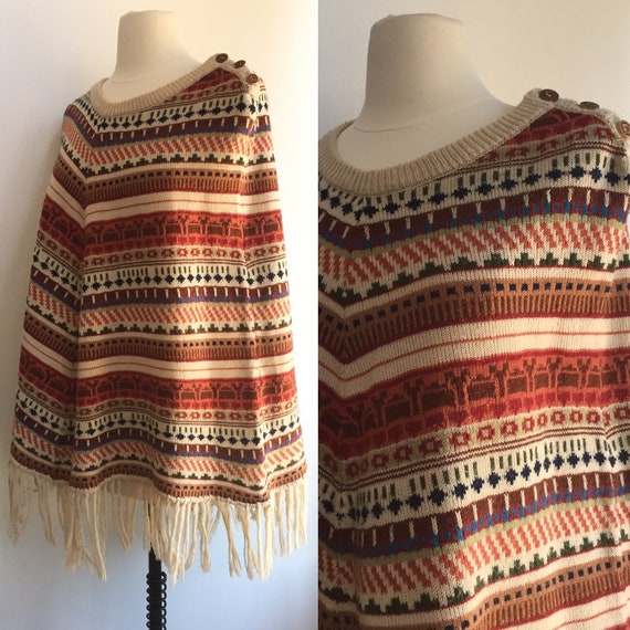 Vintage 70’s FAIR ISLE PONCHO / Wooden Buttons + … - image 1
