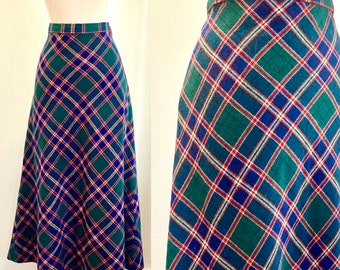 Vintage 70s PLAID Midi Skirt / PENDLETON Wool / Plaid On Bias / Side Zip / Forest Green + Navy Blue + Red