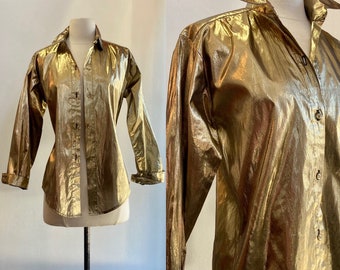 Vintage 80s Gold Blouse / METALLIC Lame / Metal Content / Liquid Gold + Clear Gold Buttons / Notorious