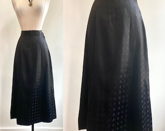 Vintage 40s Skirt / SATIN SILK EMBOSSED Dots / Midi Pencil Length / Side Metal Zip