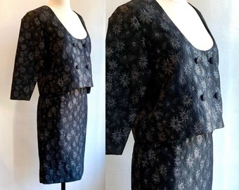 Vintage 60s Mod Skirt Suit / Black with Silver Metallic Brocade Snowflakes / CROPPED Jacket + PENCIL Skirt