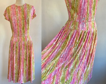 Vintage 60s MOD DRESS / Watercolor ABSTRACT Print/ Drop Waist + Pleated Skirt / Cold Rayon