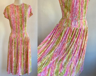 Vintage 60s MOD DRESS / Watercolor ABSTRACT Print/ Drop Waist + Pleated Skirt / Cold Rayon