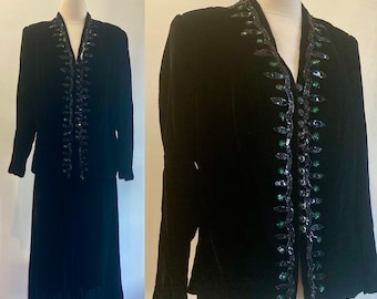 Vintage 40s SILK VELVET Skirt Suit / Jacket + Sequin Placket + Jet Faceted Button + Loop Closure  / MIDI Skirt / Perfect Dress