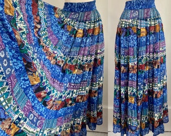 Vintage 80s 90s Skirt / SHEER Boho PATCHWORK / Full Circle Peasant Skirt / Colorful Rayon + Cotton Blend / Made in India / PHOOL