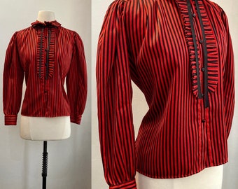 Vintage 80s Tuxedo Blouse / AWNING Stripe in Red + Black / RUFFLE Collar + PUFF Shoulder + Jet Buttons