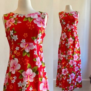 Vintage 60s HAWAIIAN Maxi Kleid / HIBISCUS BARKTUCH / Watteau Faltenrücken / Ui-Maikai