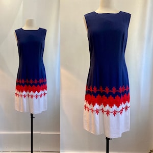 Vintage 60s Dress / Preppy Cotton Shift Dress / EYELET + Embroidery Detail / Chic
