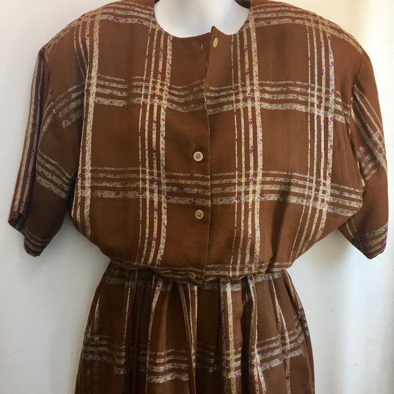 Vintage 80/'s Classic PREPPY PLAID SHIRTDRESS Unique Linen Like Fabric Side Zip Pocket Shoulder Pads