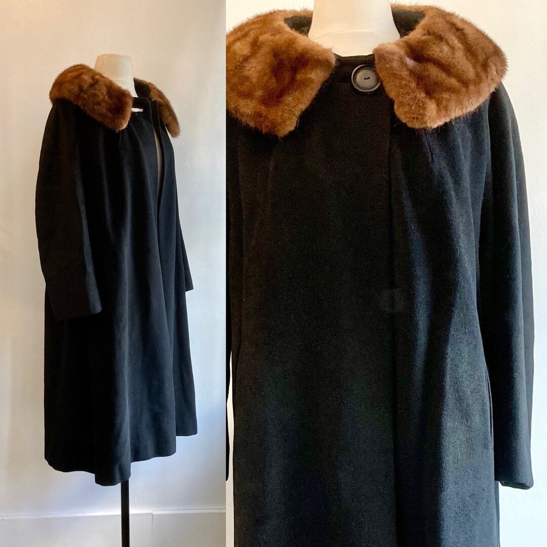 Vintage 50s CASHMERE COAT + Mink Fur Collar / ONE Button Swing