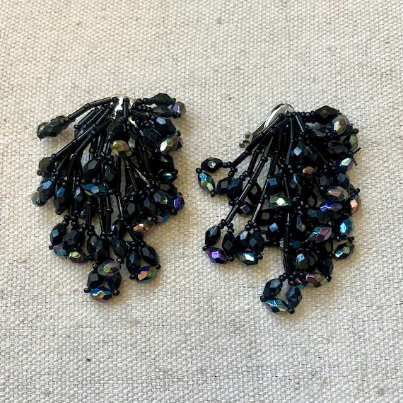 Vintage BLACK BEAD Statement Chandelier Earrings … - image 1