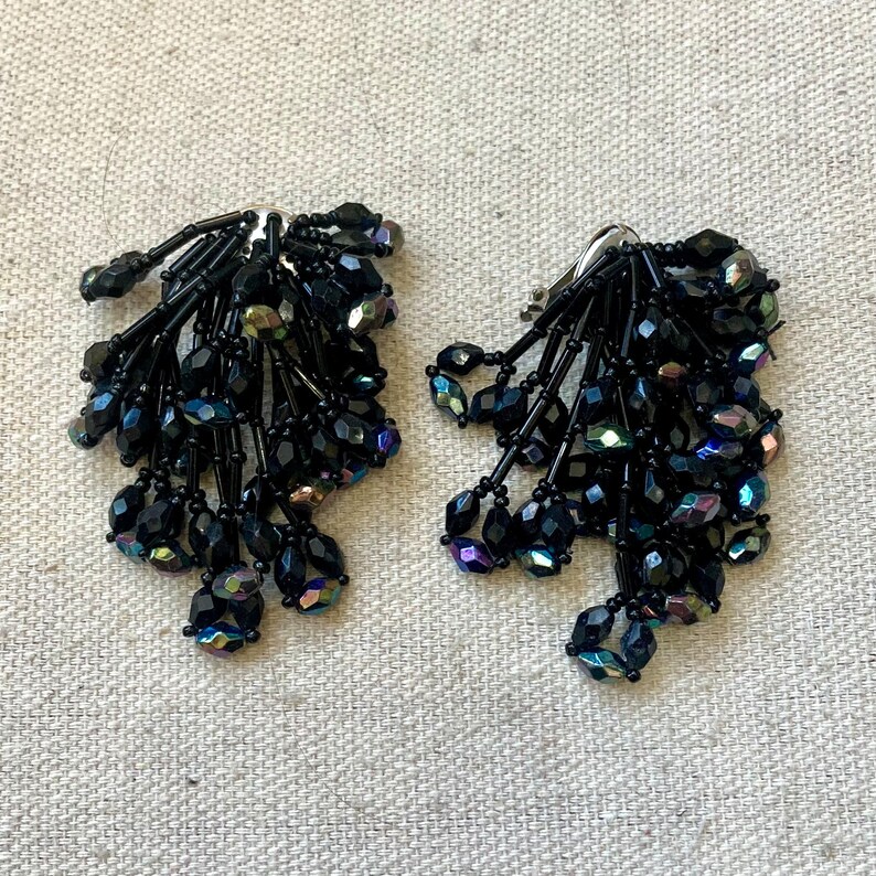 Vintage BLACK BEAD Statement Chandelier Clip on Earrings  in a Waterfall Dangle Drop comprised of Multi Strands of Beads