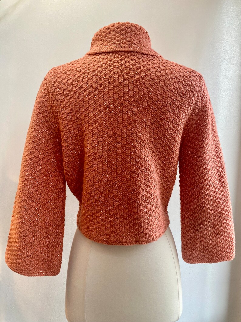 Vintage 50s Cardigan Sweater Jacket Bolero / WAFFLE Weave GOLD LUREX Threads / Cropped Collar Wide Sleeves / Hand Knit image 5