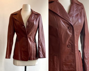 Vintage 70s LEATHER Jacket Coat / Brown / Fitted 1970s Style / Two Button Closure + Patch Pockets / NORDSTROM