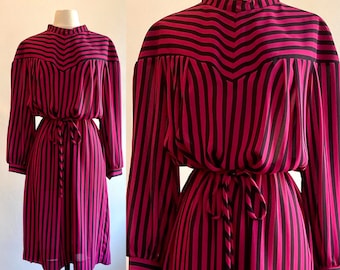 Fun Vintage 70's PINK Magenta + BLACK STRIPED Smock Dress / House Dress / L