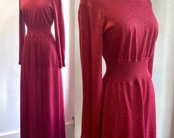 Vintage 70s Dress / RED Sparkly LUREX Knit MAXI Hostess Dress / Wide Ribbed Waist + Model Length / M