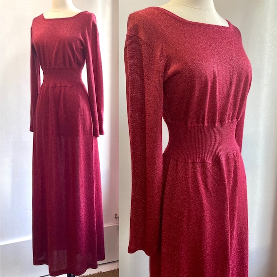 Vintage 70s Dress / RED Sparkly LUREX Knit MAXI Hostess Dress / Wide Ribbed Waist + Model Length / M