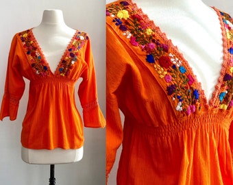 70's Vintage Mexican HAND EMBROIDERED Floral Gauze Top / Deep V-Neck