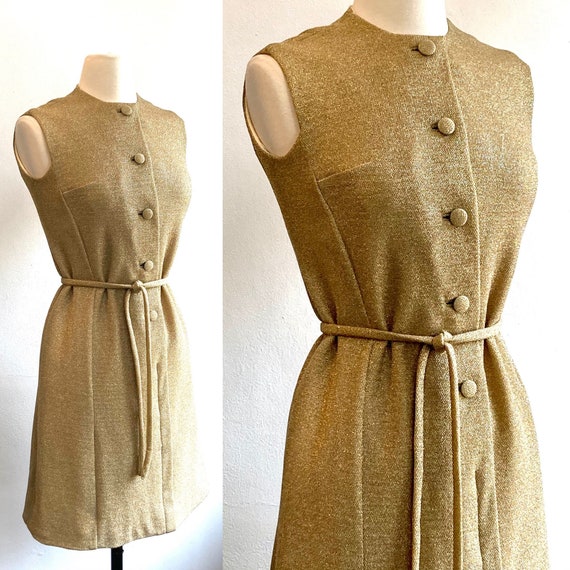Vintage 60s Party Dress / Mod / Gold Metallic Lam… - image 1