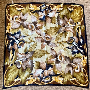 Vintage 70s SILK Scarf / ANNE KLEIN For Vera Companies / Flowers + Pearls / 35&quot;