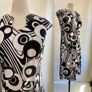 Vintage 60s Mod Party Dress / ABSTRACT BARKCLOTH Summer Shift / Op-Art / M