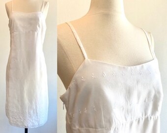 Vintage WHITE Dress / 80s EYELET Sundress / Empire Waist + Seed PEARL Trim