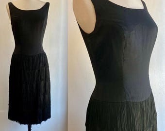 Vintage 60s COCKTAIL Dress / FRINGE Little Black Party Dress / Hourglass Wiggle Cut + 5 Tiers of Fringe Skirt / S