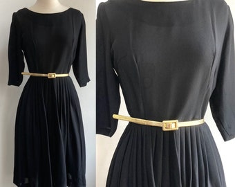 Vintage 50s Day Dress / SHEER / Boat Neck + Full Pleat Skirt + Side Metal Zip