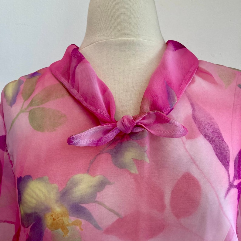 Vintage 50s Dress / SHEER FLORAL CHIFFON / Fit Flare Shawl Tie Collar / Pretty image 7