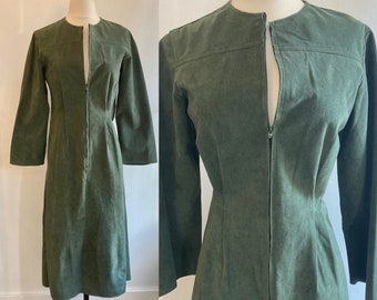 Vintage 70s Dress / Caftan Style / ZIP FRONT ULTRASUEDE / Forest Green / Joan Leslie