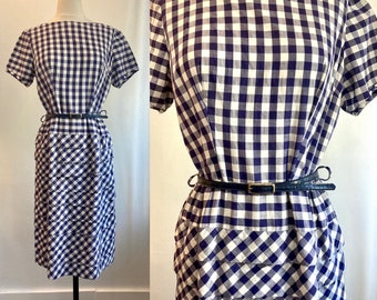 Vintage 50s Preppy GINGHAM Check Day Dress / Tiered Pleat Skirt + Side Metal Zip / Sir Rob