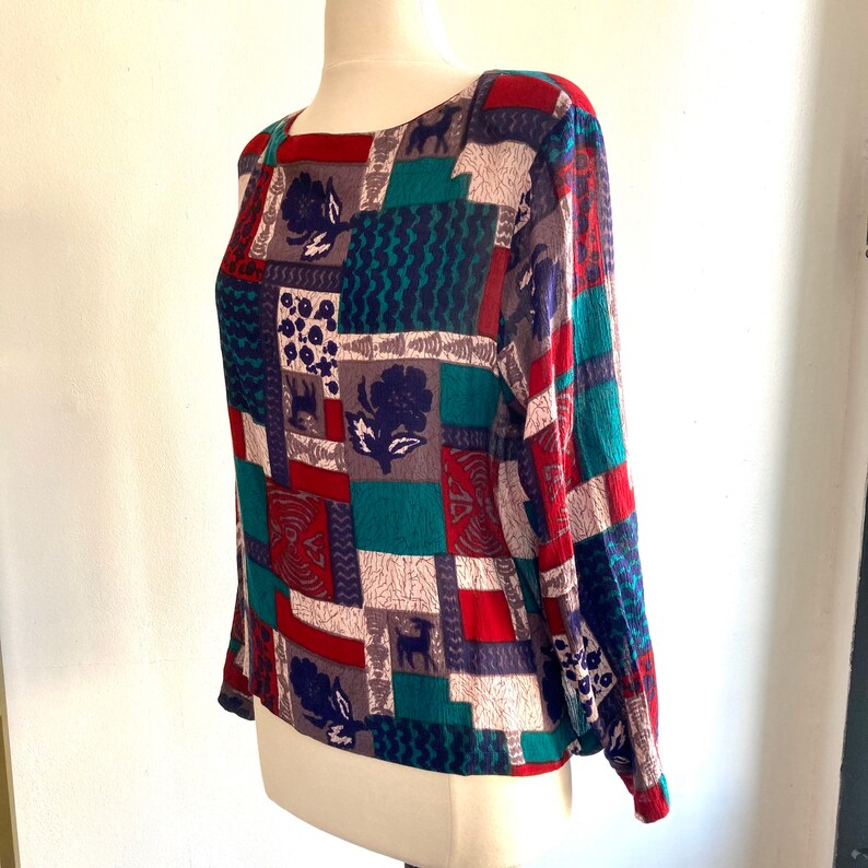 Vintage 70s ADINI GAUZE Top Blouse Scarf Tie / Patchwork Print Reversible image 5