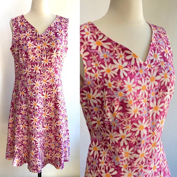 Vintage 60s Dress / MOD Style / BARKCLOTH + Pink … - image 1
