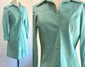 Vintage Dress Coat / TURQUOISE ULTRASUEDE Shirtdress / Pockets + Button Cuff / Minimalist