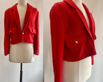 Vintage 80s Cardigan Sweater / ADOLFO / Boucle Wool / Cropped + Puff Sleeve + Oversized Pockets + GOLD Buttons + Chain Detail / Made in USA