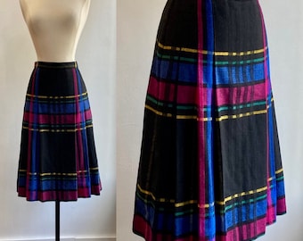 Vintage 70s PLAID Skirt / Wool KNIFE PLEAT + Drop Waist / Black + Rainbow Stripes / Karen Kane