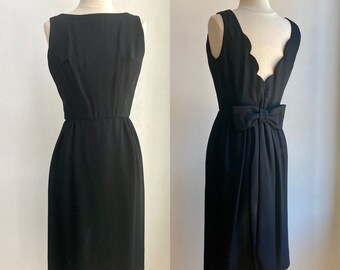 Vintage 50's COCKTAIL Dress / Little Black Dress / Deep Scalloped V Back + Big BOW + Sash / Ann Barry Jr