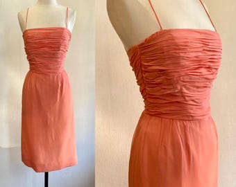 Vintage Slip Dress / 60s PARTY Dress / Peach CHIFFON/ Spaghetti Straps + Ruched Bodice + Straight Skirt / Emma Domb