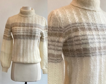 Vintage 80s Turtleneck Sweater / MOHAIR Blend Stripes / Ski Sweater / HILDA + Made in ICELAND / S