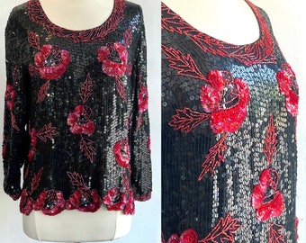 Vintage 80s SEQUIN Top / SILK / ROSE Pattern / Slouchy Fit + Scallop Edge / Royal Feelings