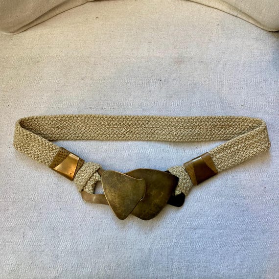 70s Vintage Land Black Copper Aztec Leather Brass Buckle Boho Statement Belt S Vintage 70s BOHO ART Statement Belt / Antiqued BRASS Buckle  main image 3